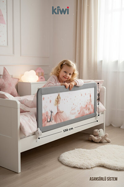 Kiwi Bed Guard 150X60-70 cm Elevating Children's Bed Barrier – Gray, Anti-Fall Sweet Princess Pattern