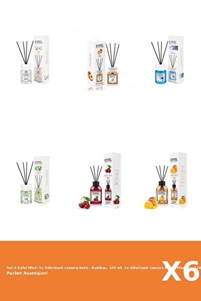 Eyfel Set 6 Mixt: 1x Odorizant camera bete , Bumbac, 120 ml, 1x Odorizant camera bete , Piersica, 12
