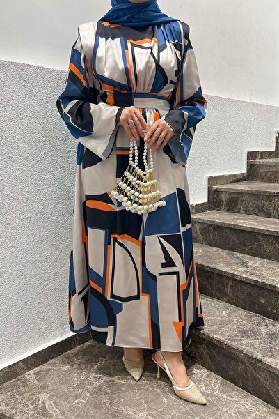 Pardesü Dünyası Vatkalı Desenli Saten Elbise Lacivert