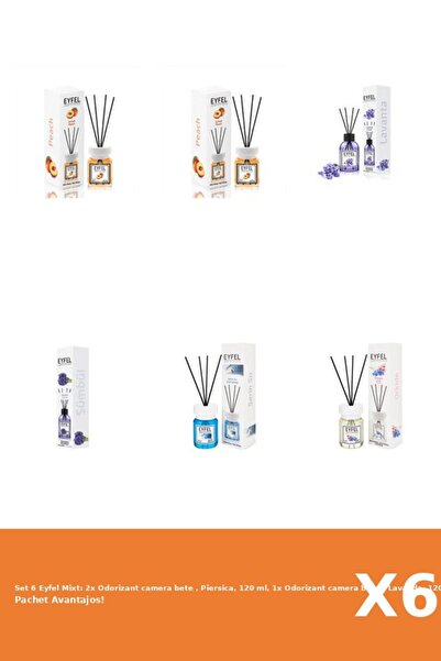 Eyfel Set 6 Mixt: 2x Odorizant camera bete , Piersica, 120 ml, 1x Odorizant camera bete , Lavanda, 1