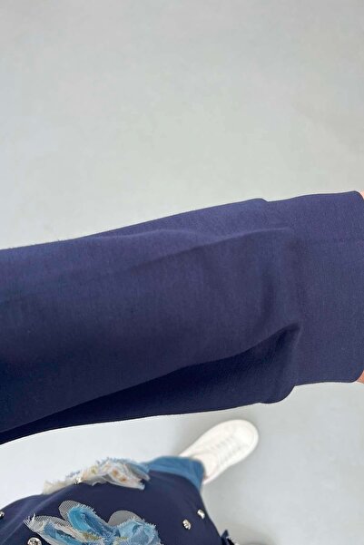 Pardesü Dünyası Tül Çiçekli Taşlı Hırka Lacivert