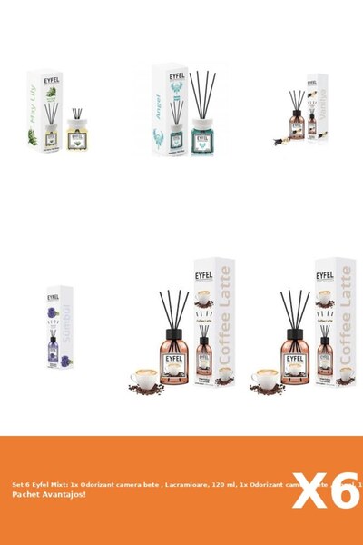Eyfel Set 6 Mixt: 1x Odorizant camera bete , Lacramioare, 120 ml, 1x Odorizan...