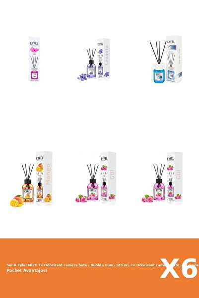 Eyfel Set 6 Mixt: 1x Odorizant camera bete , Bubble Gum, 120 ml, 1x Odorizant camera bete , Lavanda,