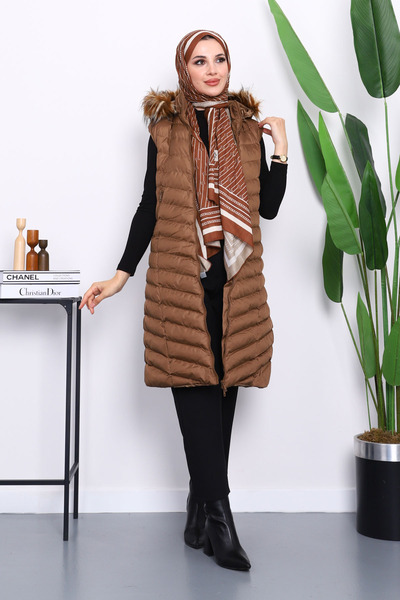 İmajButik Коричневий довгий надувний жилет з капюшоном