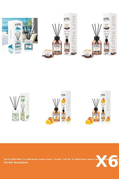 Eyfel Set 6 Mixt: 1x Odorizant camera bete , Ocean, 120 ml, 2x Odorizant camera bete , Cafea, 120 ml