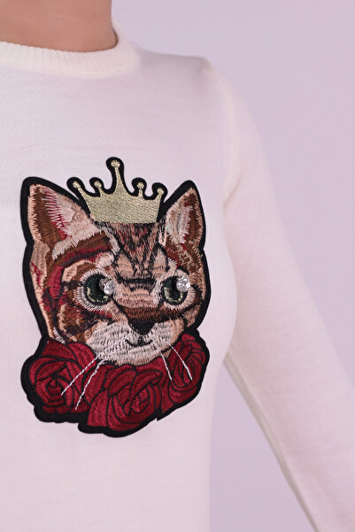 armonika Women's Ecru Crew Neck Appliqued Sweater Arm-26K136001