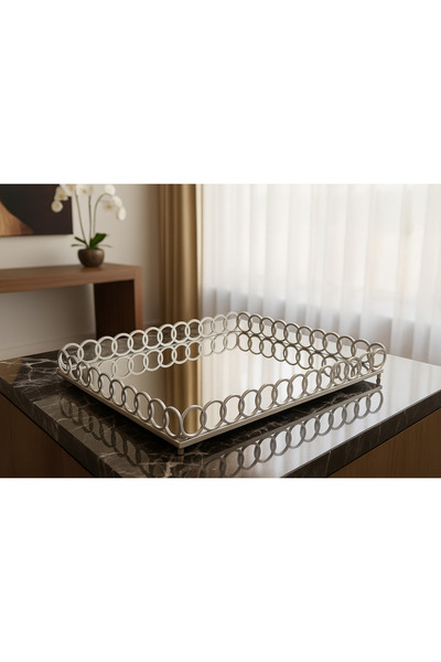 MENNUR HOME Gümüş Renk Tepsi Aynalı Lüx Sunum Tepsisi