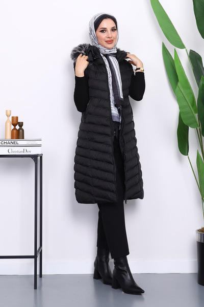 İmajButik Black Hooded Long Puffer Vest