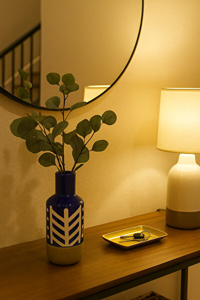 MARIA HOMES Dark Blue and White Ceramic Vase – Tall Cylindrical Geometric Decorative Vase