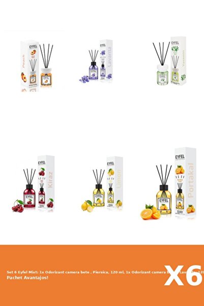 Eyfel Set 6 Mixt: 1x Odorizant camera bete , Piersica, 120 ml, 1x Odorizant c...