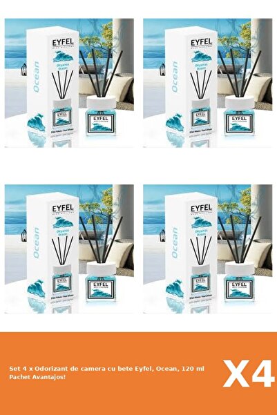 Eyfel Set 4 x Odorizant de camera cu bete Eyfel, Ocean, 120 ml