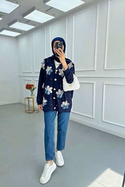 Pardesü Dünyası Tül Çiçekli Taşlı Hırka Lacivert