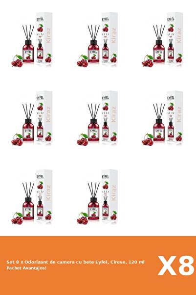 Eyfel Set 8 x Odorizant de camera cu bete Eyfel, Cirese, 120 ml