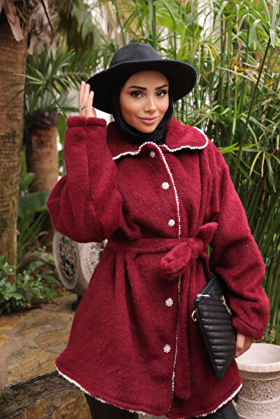 İmajButik Burgundy Angora Coat with Pearl Detail and Stone Buttons