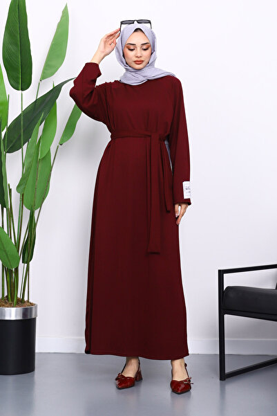 İmajButik Φόρεμα με μπορντό λακαρισμένο μανίκι με κορδόνια με κορδόνια βασικής μοντάλ