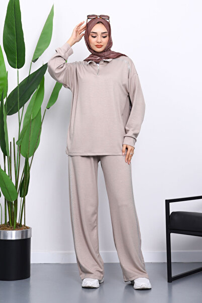 İmajButik Mink Stone Collar Zippered Tunic Trouser Set