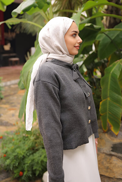 İmajButik Anthracite Collar Tie-Up Buttoned Knitwear Cardigan