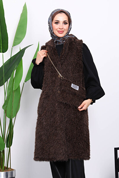 İmajButik Brown Bag Angora Plush Fur Vest with Gift