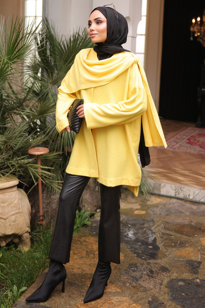 İmajButik Textured Cardigan with Yellow Shawl Detail