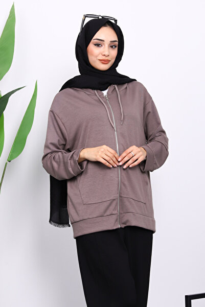 İmajButik Mink Hooded Zippered Modal Sweat Cardigan