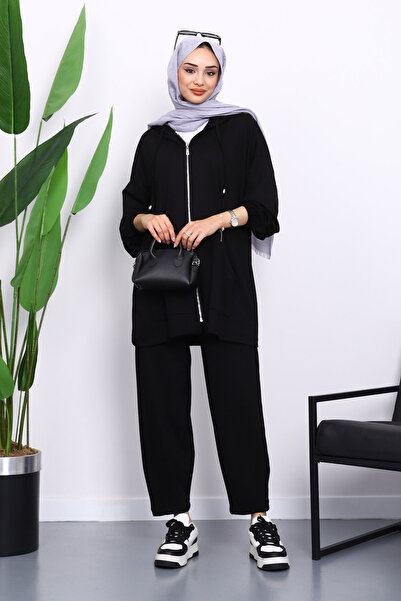 İmajButik Black Hooded Zippered Tunic Pants Set