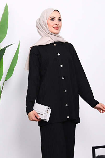 İmajButik Μαύρο πουκάμισο με γιακά και παντελόνι με κουμπιά Πλεκτό σετ