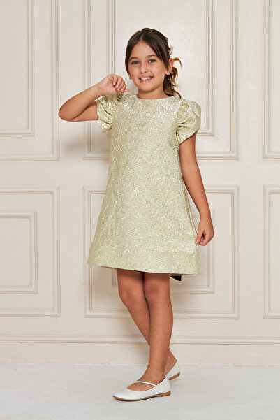 zühre balaban Gold Short Girls Dress with Velvet Bow