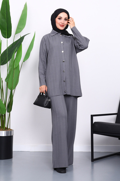 İmajButik Smoked Shirt Collar Buttoned Trouser Knitwear Set
