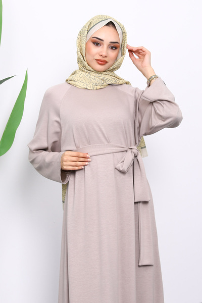 İmajButik Mink Sleeve Embroidered Raglan Sleeve Basic Modal Belted Dress