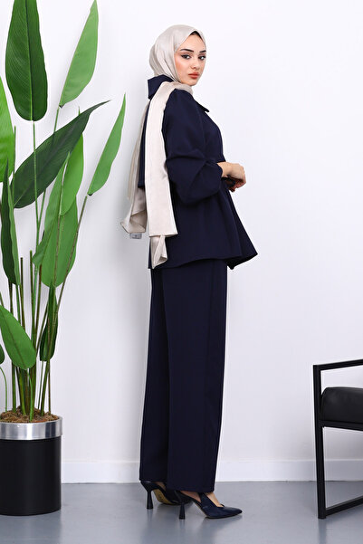 İmajButik Navy Blue Double Crepe Tunic Trouser Suit