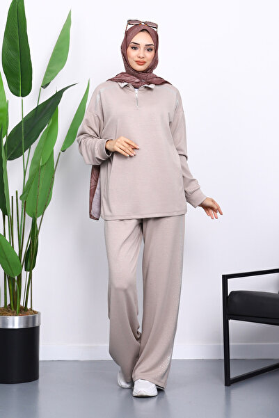 İmajButik Mink Stone Collar Zippered Tunic Trouser Set