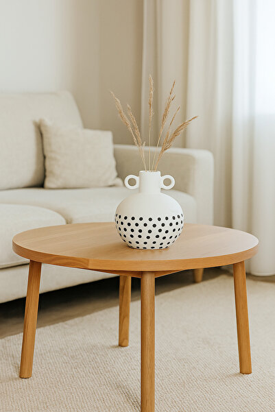 MARIA HOMES مزهرية سيراميك بيضاء طبيعية بنقاط سوداء - مزهرية دائرية مزخرفة بم...