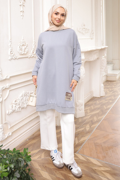 İmajButik Gray Crew Neck Embroidered Tunic