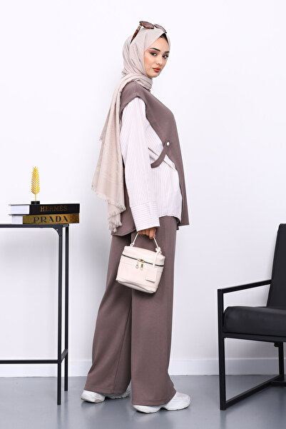 İmajButik Σετ Modal με παντελόνι Vizon συνδυασμός υφασμάτων Tunik