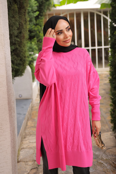 İmajButik Fuchsia Crew Neck Cold Thread Knitwear Tunic