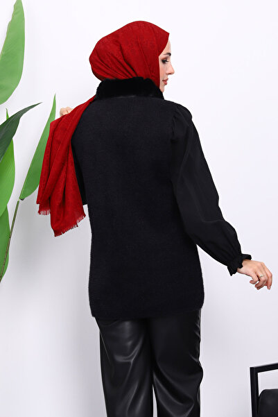 İmajButik Black Collar Fur Pocketed Knitwear Vest