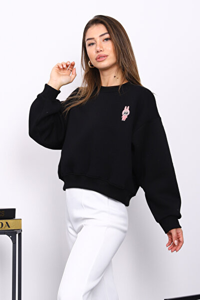 İmajButik Black Crew Neck Embroidered Three Thread Short O Oversized Sweat