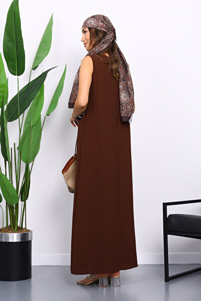 İmajButik Καφέ Φόρεμα Εσωτερικής Χρήσης Αυρομπίν με Μηδενικό Μανίκι