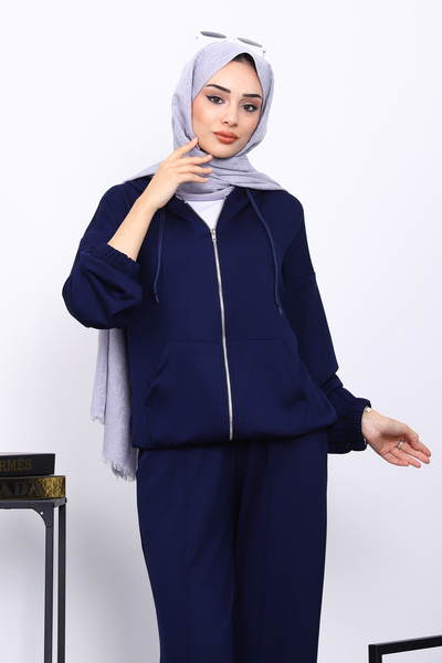 İmajButik Navy Blue Hooded Zippered Kangaroo Pocket Modal Set
