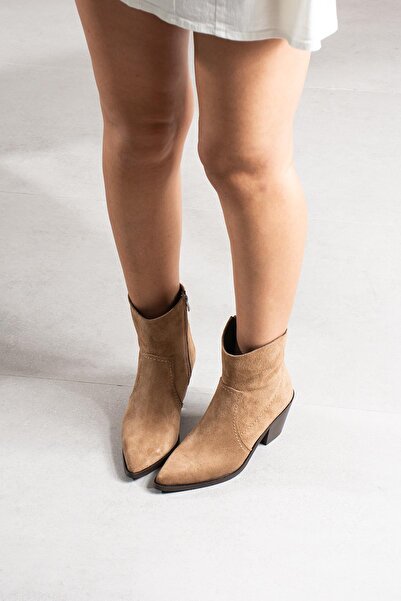 FSKOMBİN Odin Women's Camel Suede Genuine Leather Heeled Boots