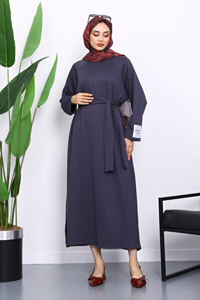 İmajButik Smoked Sleeve Embroidered Raglan Sleeve Basic Modal Belted Dress