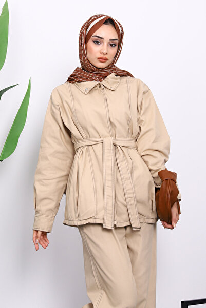 İmajButik Σετ Gabardine με μπεζ μπουφάν και παντελόνι με κουμπώματα