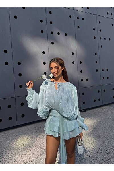 NEW JOURNAL Premium Trend Parlak Kumaş Dökümlü Balon Kol Eteği Fırfırlı Şortlu Elbise