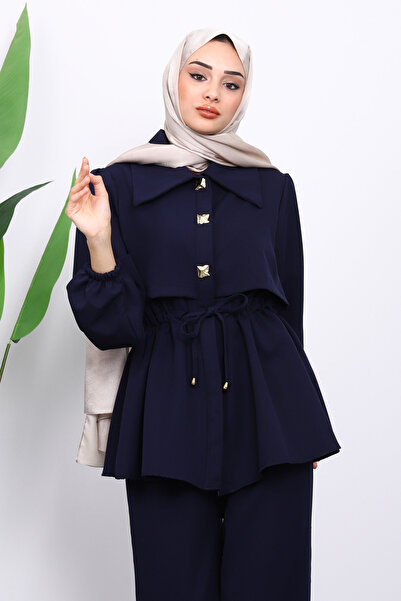 İmajButik Navy Blue Double Crepe Tunic Trouser Suit