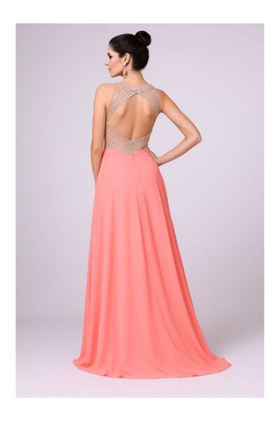 Ladivine Los Angeles Long coral evening dress in cloisonné made of veil with appliqués