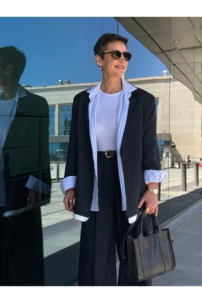 ZEYN ESTİLO Kadın Blazer Ceket Arka Baskılı Lacivert