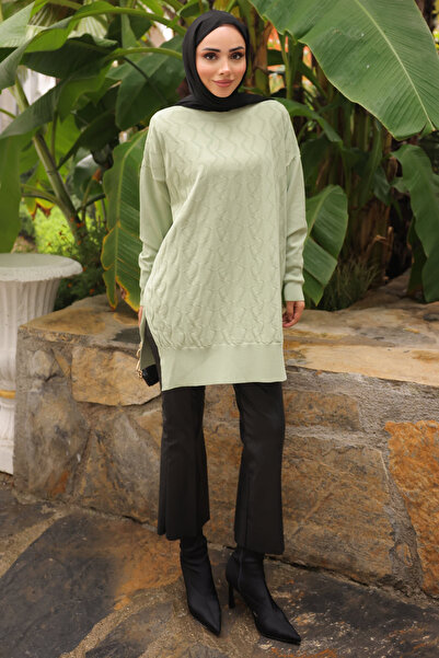 İmajButik Mint Green Crew Neck Cold Thread Knitwear Tunic