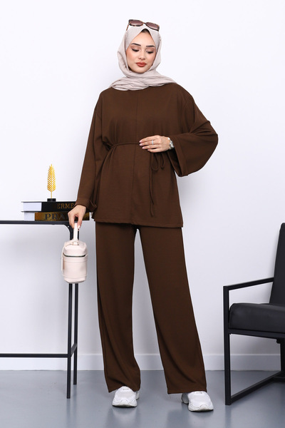 İmajButik Brown Waist-Tied Pants Modal Set with Pockets