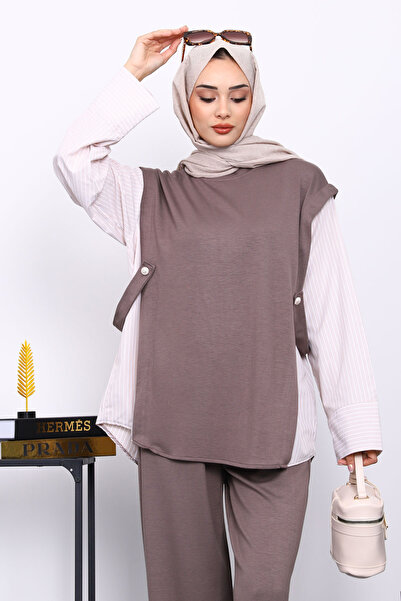 İmajButik Σετ Modal με παντελόνι Vizon συνδυασμός υφασμάτων Tunik