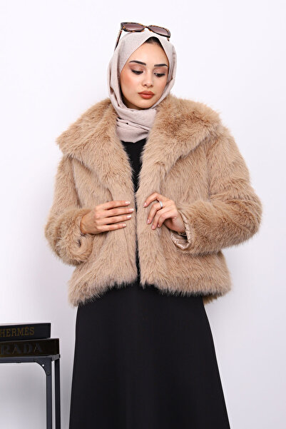 İmajButik Beige Lined Short Fur Coat